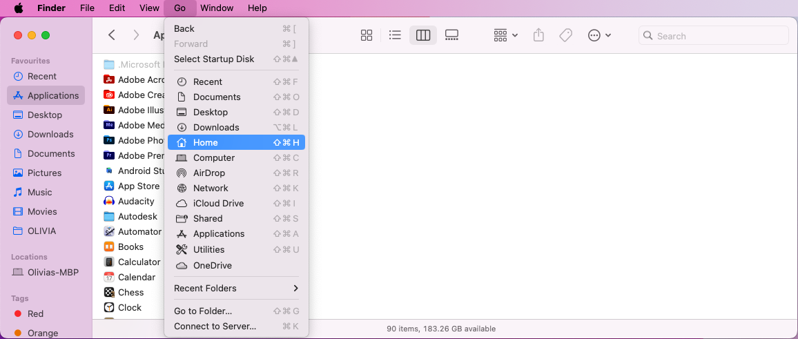 Finder window showing how to get to Home folder